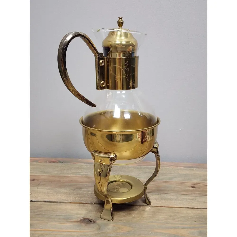Vintage MCM Brass & Glass Coffee/Tea Carafe Warmer Stand Etched